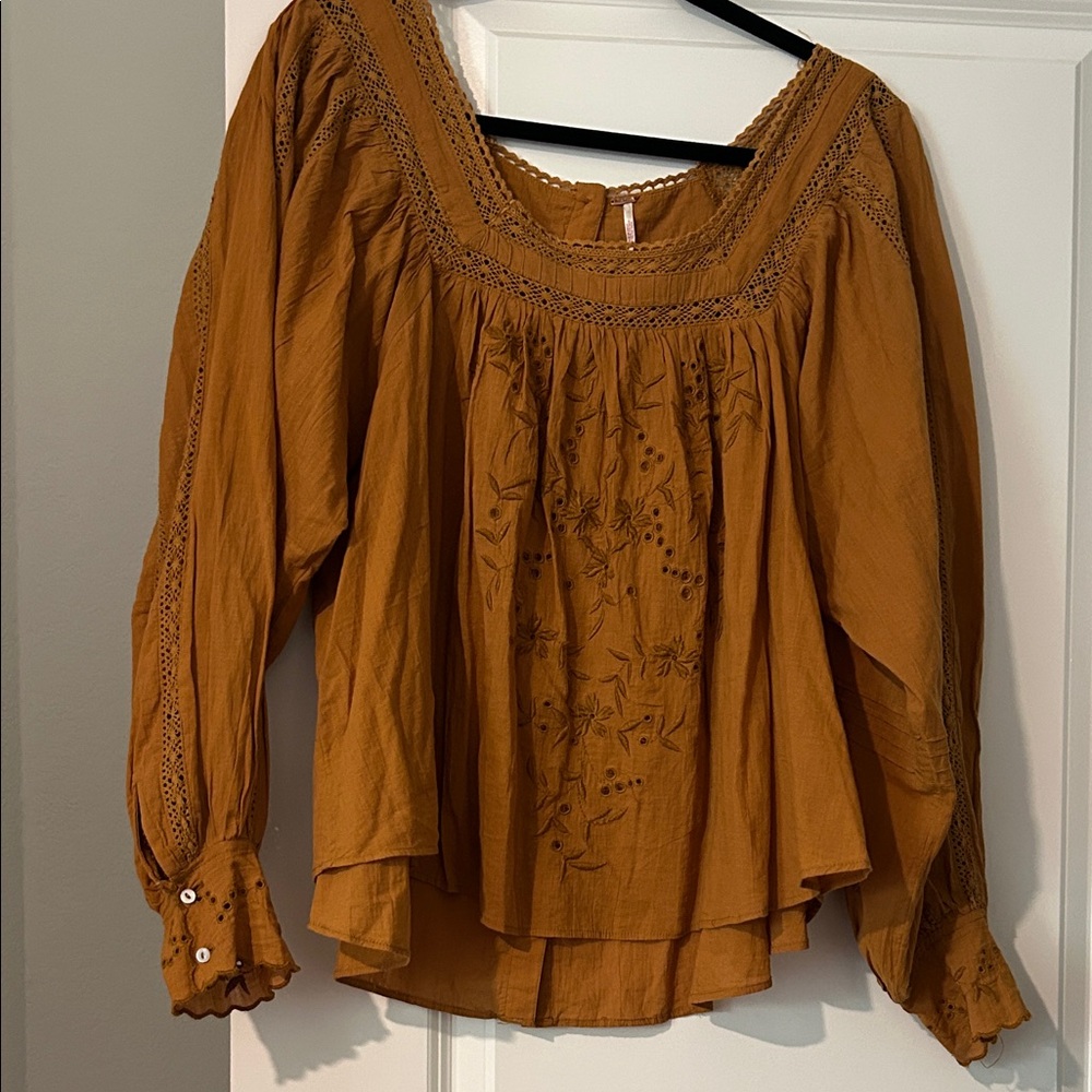 Free People Mustard Embroidered Blouse